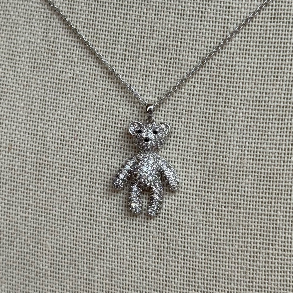 Silver Cubic Zirconia Bear Pendant Necklace